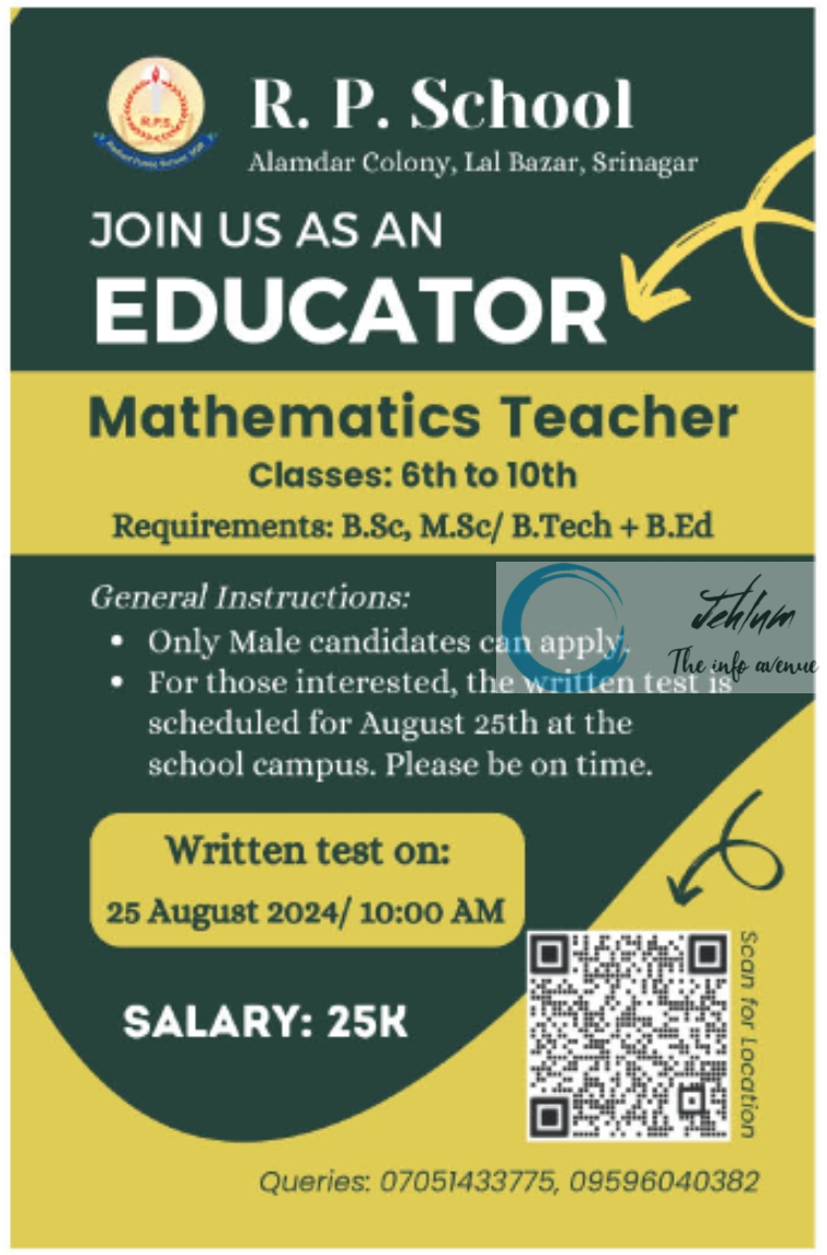 R P School Srinagar Mathematics Teacher Jobs Vacancy 2024