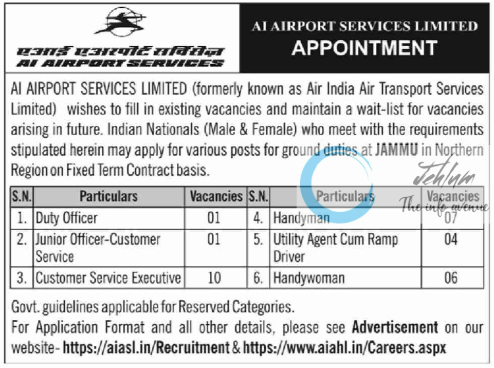 AI AIRPORT SERVICES LIMITED APPOINTMENT ADVERTISEMENT NOTICE 2024