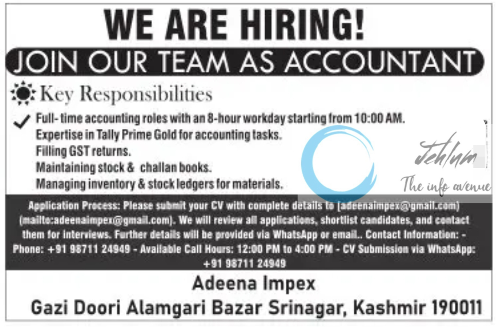 Adeena Impex Srinagar Accounting Jobs 2024