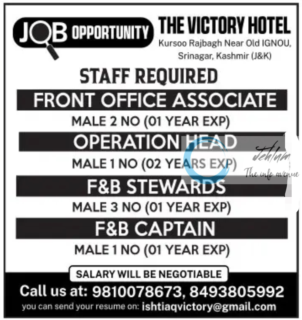 THE VICTORY HOTEL SRINAGAR JOBS OPPORTUNITY 2024