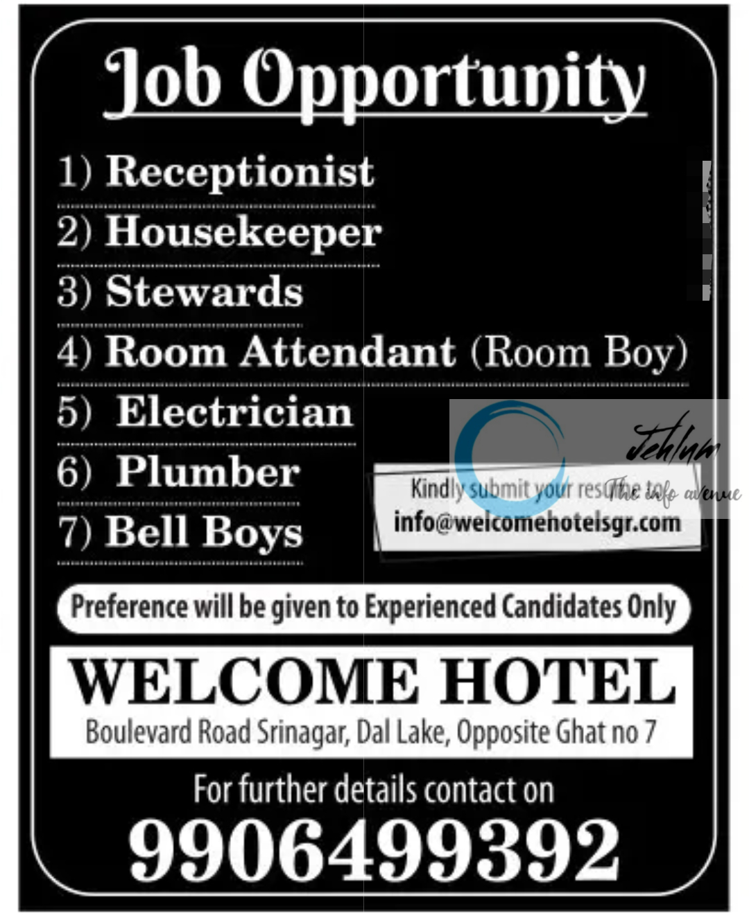 WELCOME HOTEL SRINAGAR JOBS OPENINGS 2024