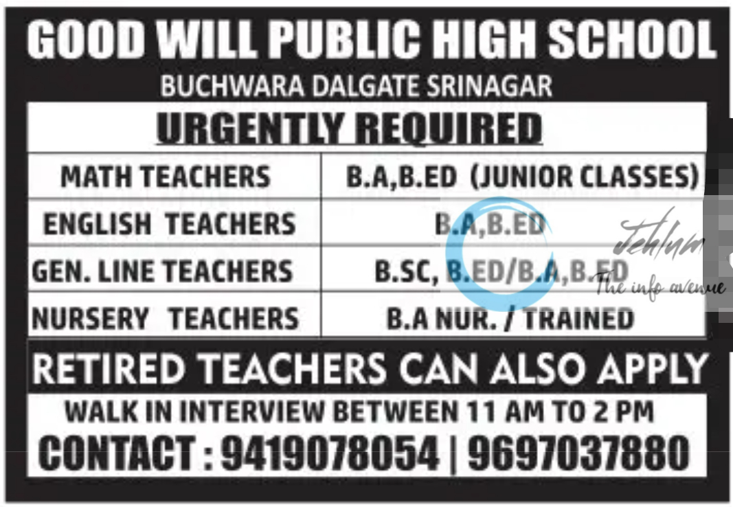 GOOD WILL PUBLIC HIGH SCHOOL SRINAGAR JOBS 2024