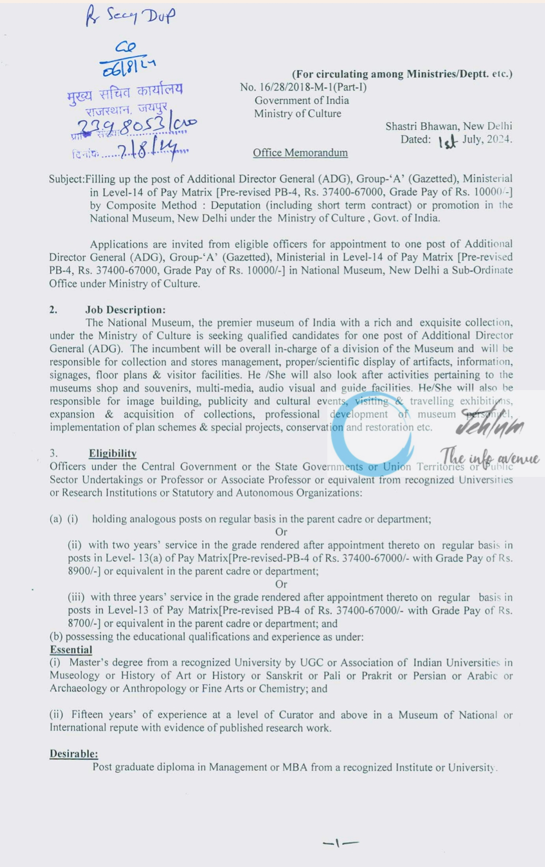 Govt of India Ministry of Culture Additional Director General ADG Recruitment Advertisement Notice No 16/28/2018-M-1 2024