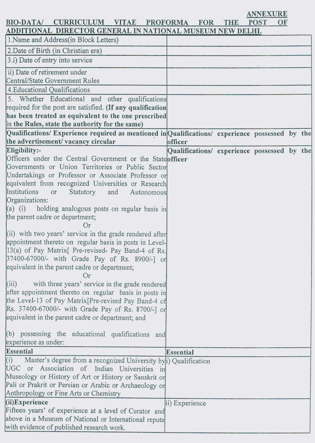 Govt of India Ministry of Culture Additional Director General ADG Recruitment Advertisement Notice No 16/28/2018-M-1 2024