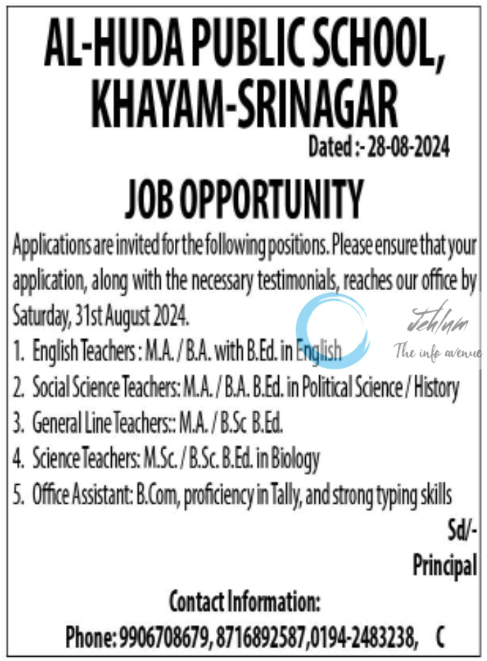 AL-HUDA PUBLIC SCHOOL SRINAGAR JOBS OPENINGS 2024