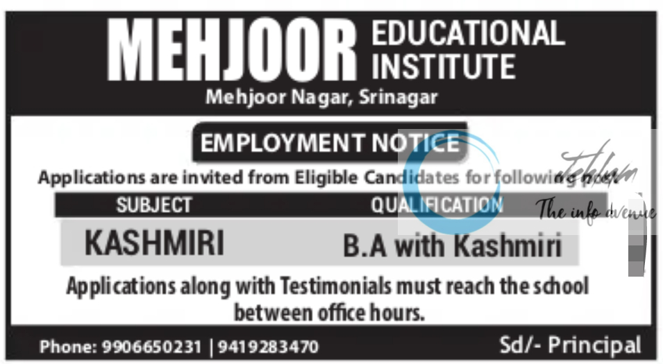 MEHJOOR EDUCATIONAL INSTITUTE SRINAGAR EMPLOYMENT NOTICE 2024