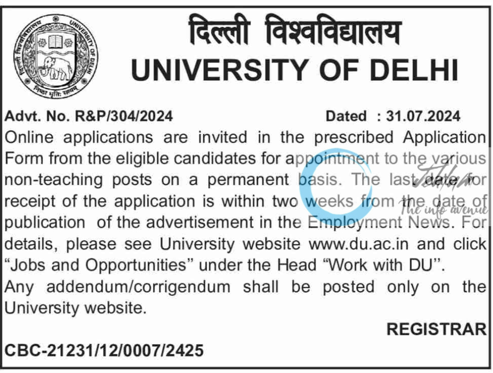 UNIVERSITY OF DELHI NON-TEACHING POSTS ADVT NO R&P/304/2024