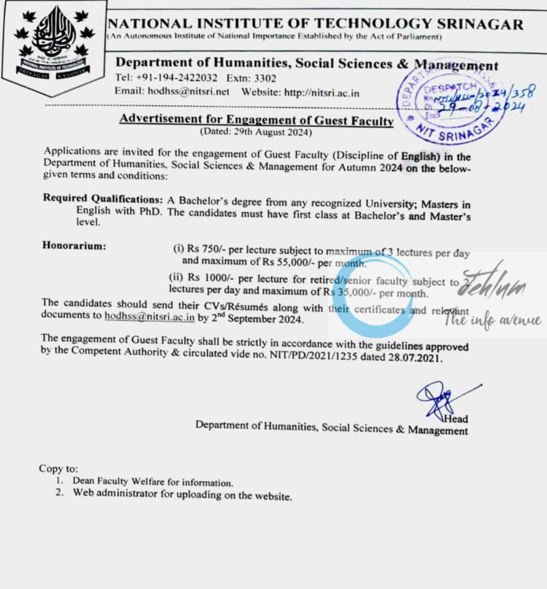 NIT SRINAGAR DEPTT OF HUMANITIES SOCIAL SCIENCES & MANAGEMENT GUEST FACULTY ADVERTISEMENT NOTICE 2024