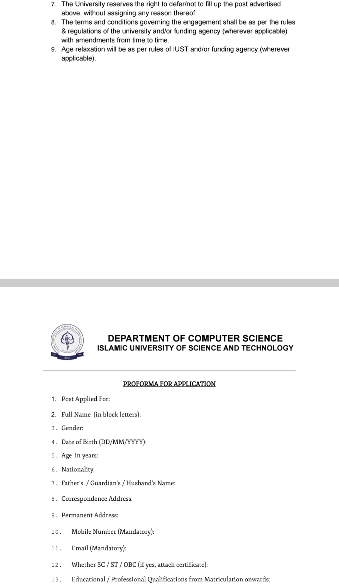 IUST KASHMIR DEPTT OF COMPUTER SCIENCE RESEARCH ASSISTANT ADVERTISEMENT NOTICE 2024