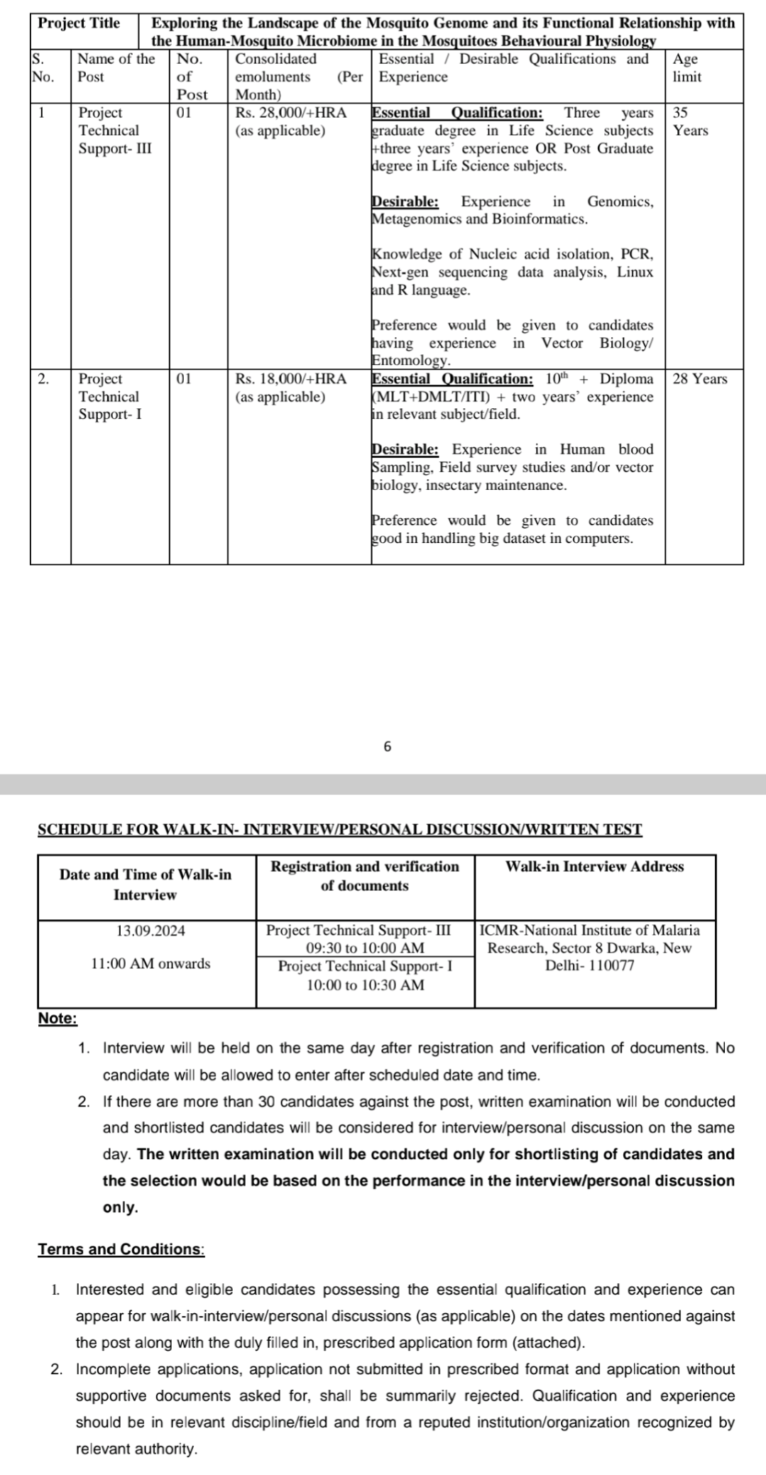 ICMR NIMR National Institute of Malaria Research Vacancy Notification Advt No NIMR/Proj/Intra/HMM/134/24/17