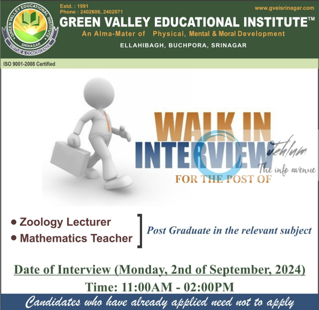 GREEN VALLEY EDUCATIONAL INSTITUTE SRINAGAR JOBS 2024