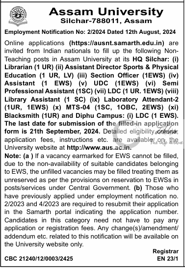 Assam University Silchar Employment Notification No 2/2024