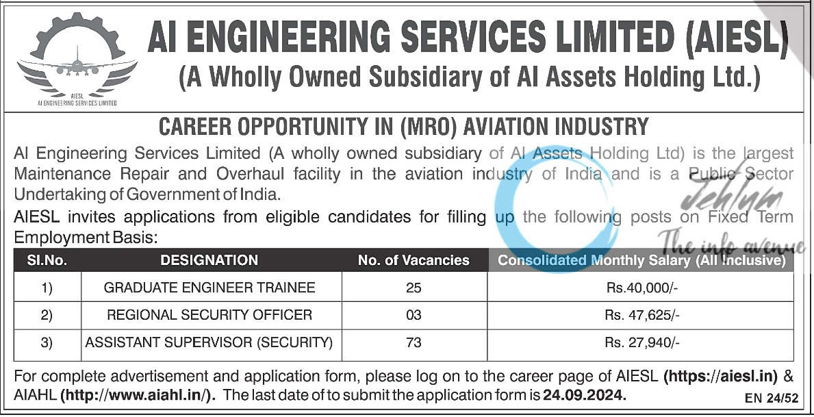 AI ENGINEERING SERVICES LIMITED AIESL CAREER OPPORTUNITY ADVERTISEMENT 2024