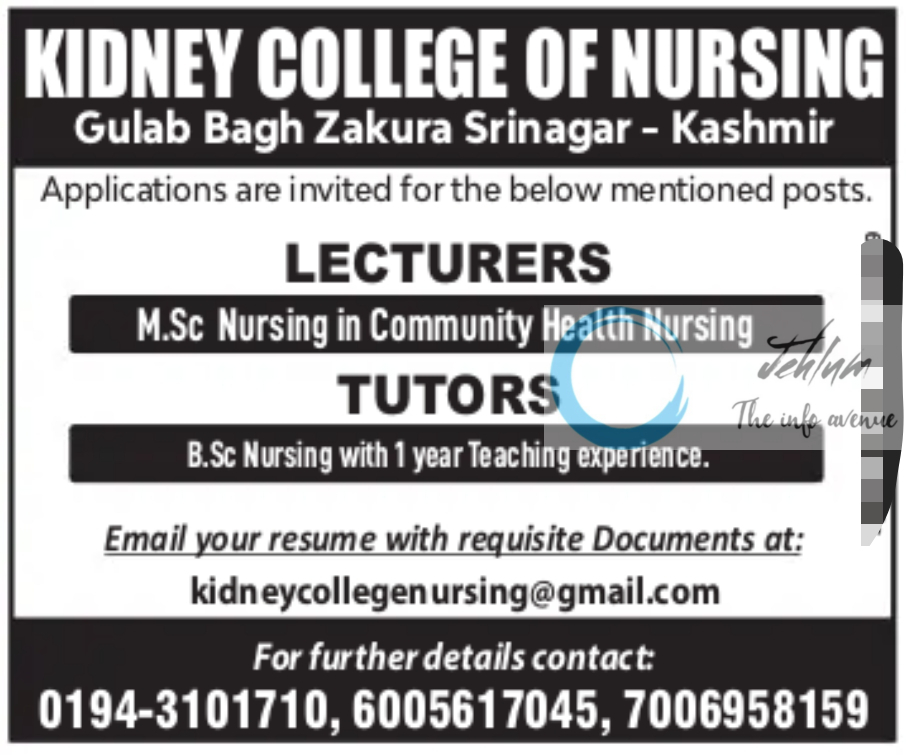 KIDNEY COLLEGE OF NURSING SRINAGAR JOBS OPENINGS 2024