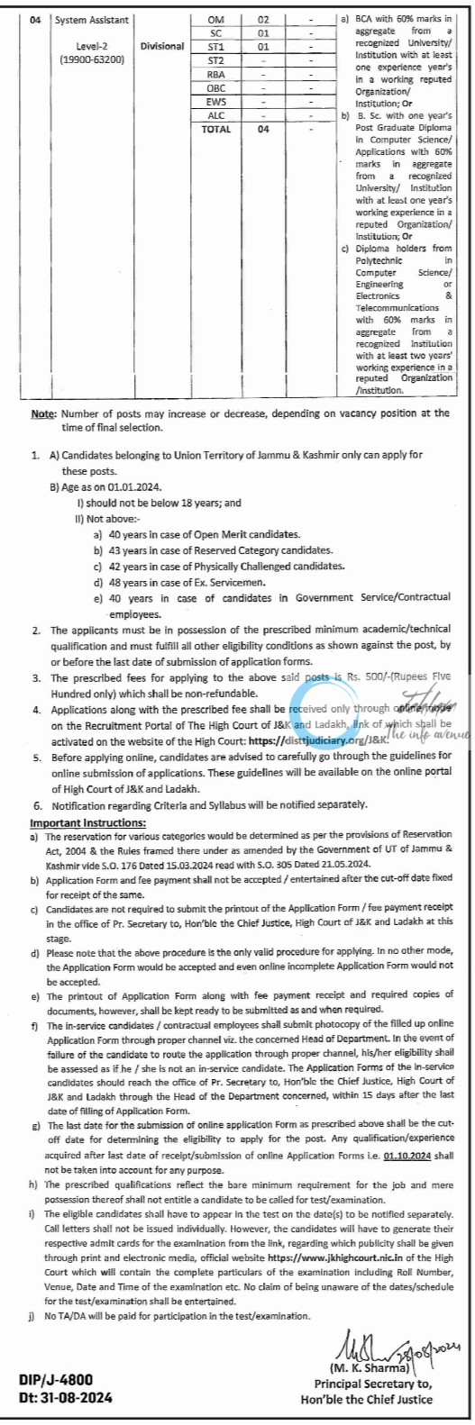 HIGH COURT OF JAMMU & KASHMIR AND LADAKH ADVERTISEMENT NOTIFICATION NO 06 OF 2024