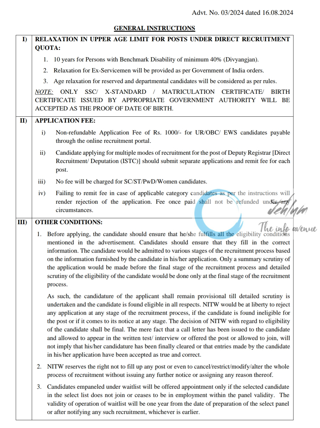 NATIONAL INSTITUTE OF TECHNOLOGY NIT WARANGAL RECRUITMENT ADVT NO 3/2024