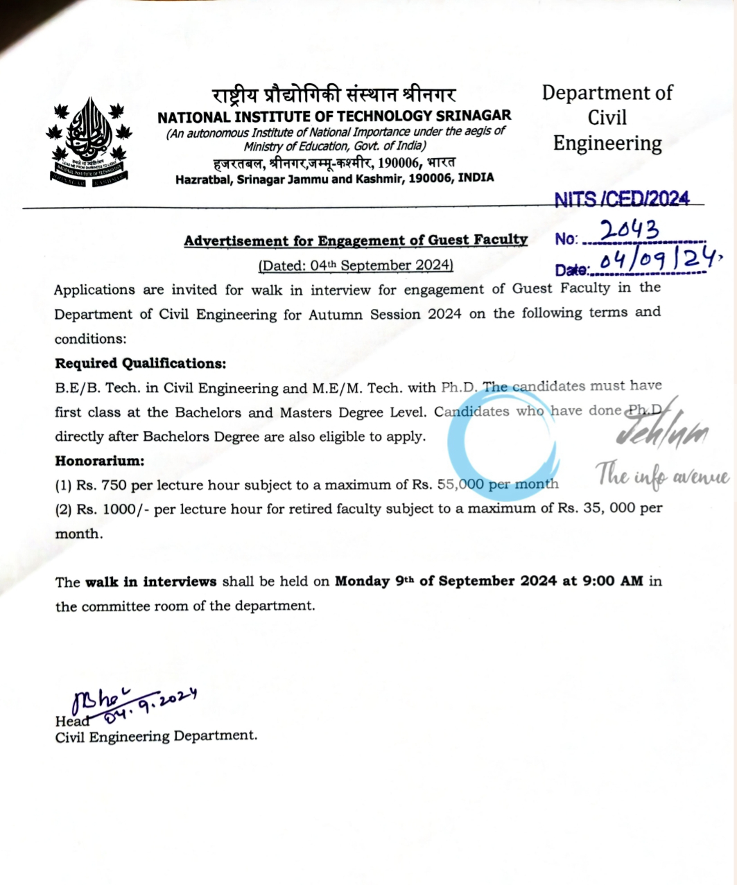 NIT SRINAGAR Deptt of Civil Engineering Guest Faculty Advertisement Notice 2024