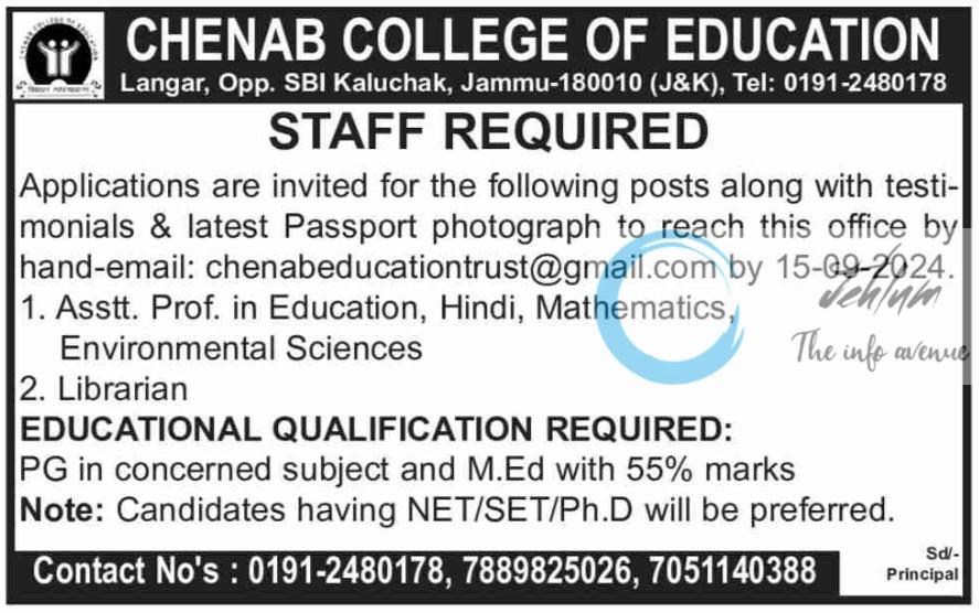 CHENAB COLLEGE OF EDUCATION JAMMU JOBS OPENINGS 2024