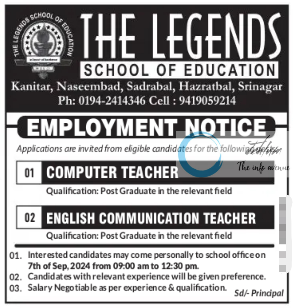 THE LEGENDS SCHOOL OF EDUCATION EMPLOYMENT NOTICE 2024