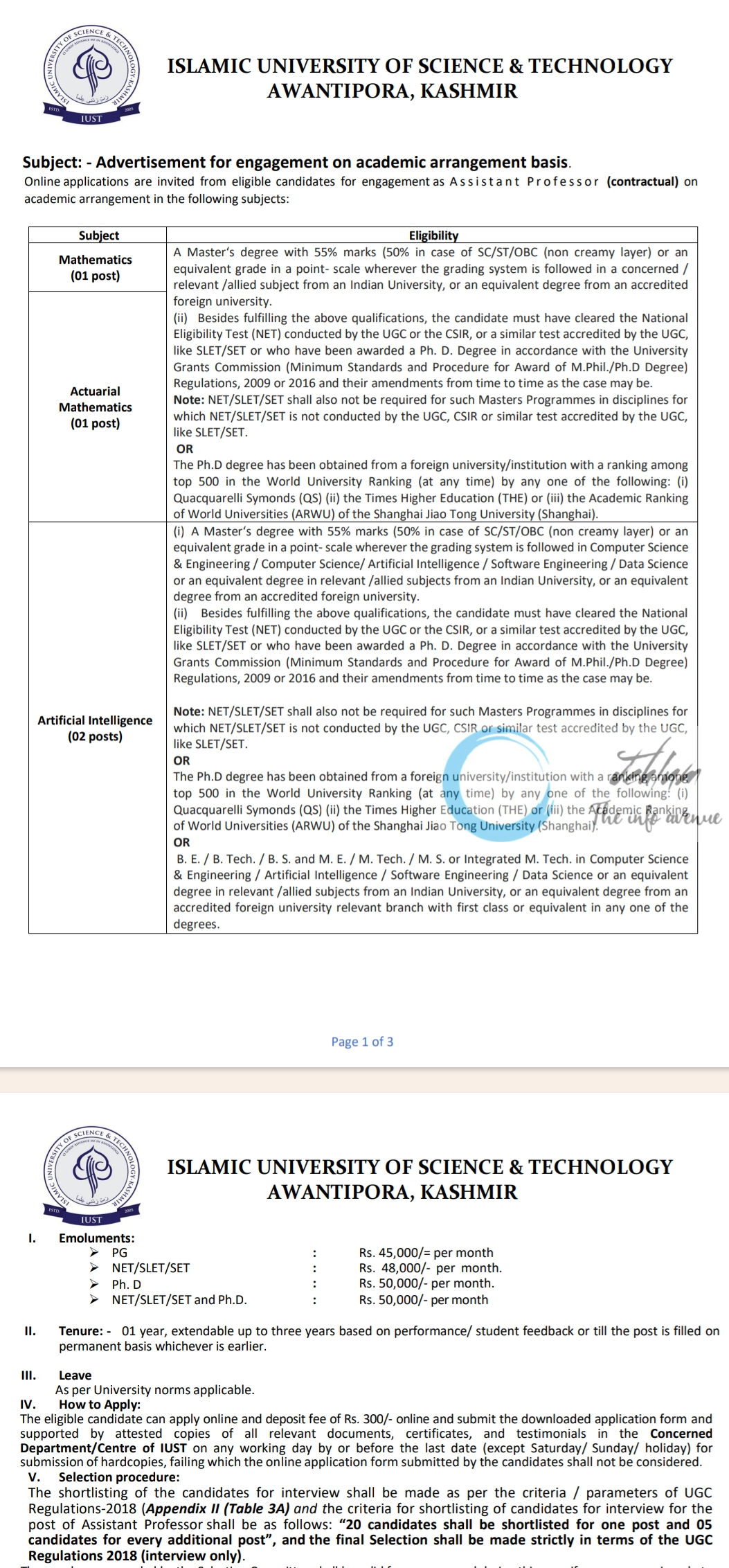 IUST KASHMIR ACADEMIC ARRANGEMENT ADVERTISEMENT NOTICE 2024