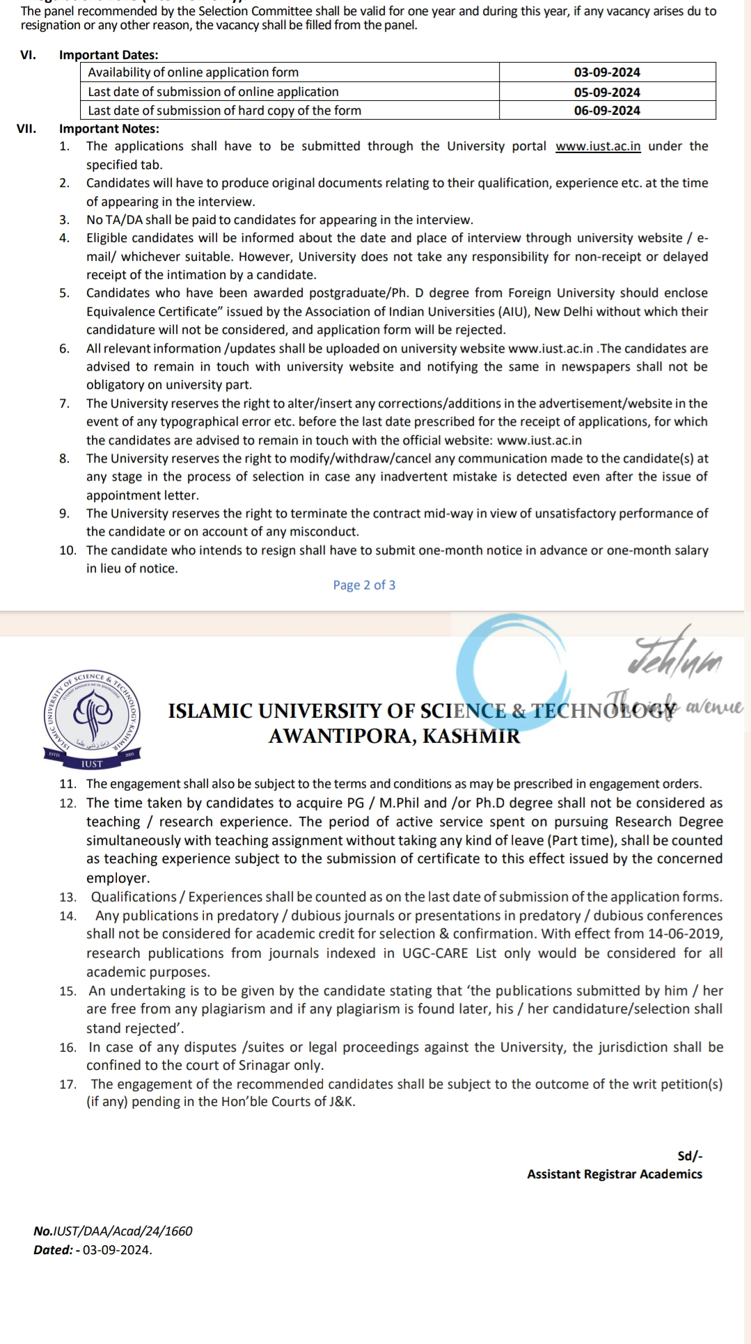 IUST KASHMIR ACADEMIC ARRANGEMENT ADVERTISEMENT NOTICE 2024