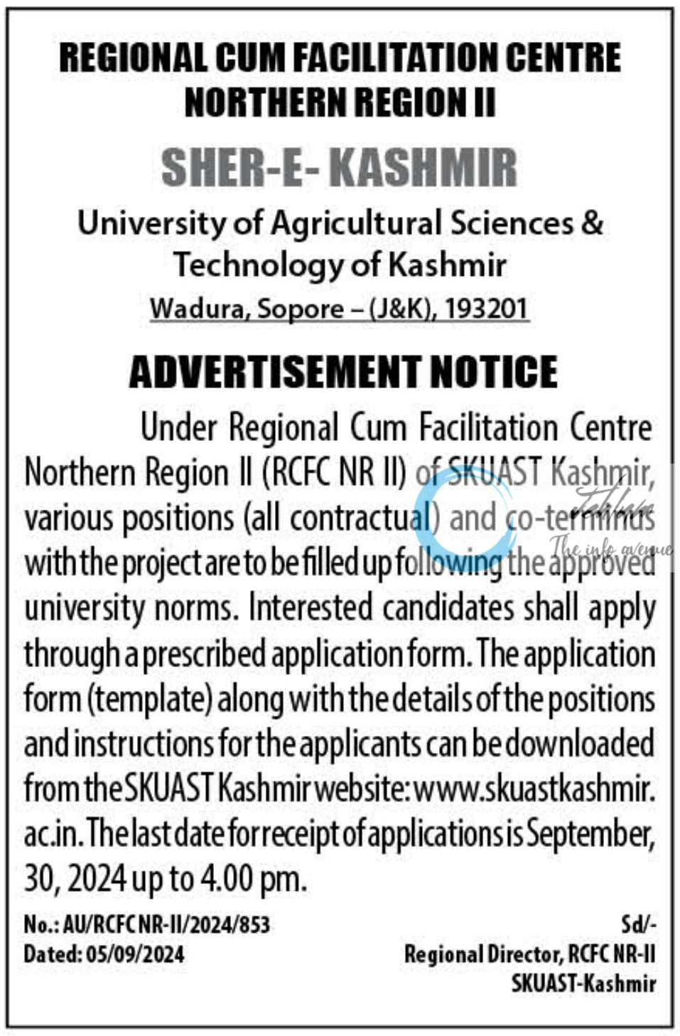 SKUAST KASHMIR REGIONAL CUM FACILITATION CENTRE NORTHERN REGION ADVERTISEMENT NOTICE 2024