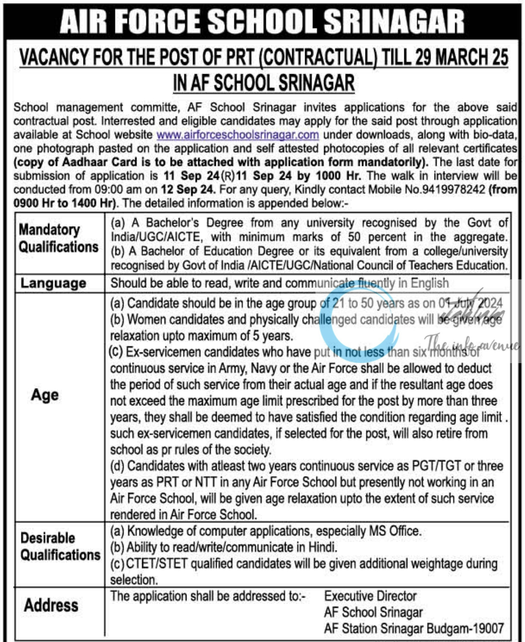 AIR FORCE SCHOOL SRINAGAR PRT JOBS ADVERTISEMENT 2024