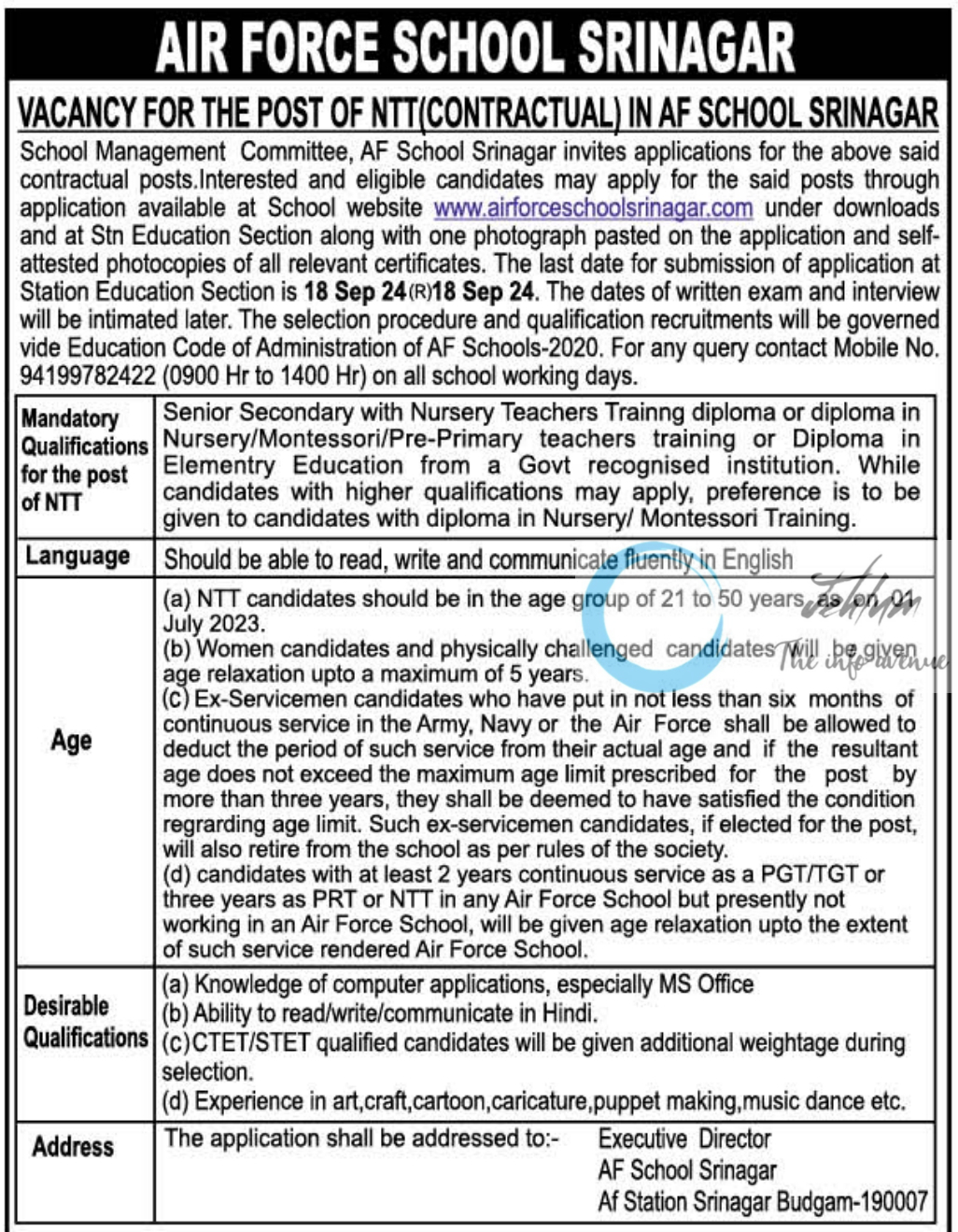 AIR FORCE SCHOOL SRINAGAR NTT JOBS VACANCY 2024