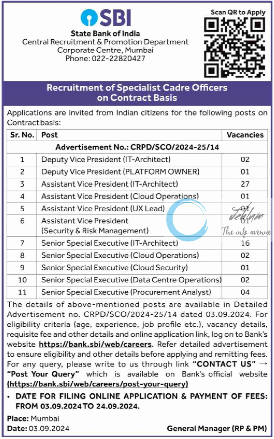 SBI Specialist Cadre Officers Recruitment Advertisement 2024