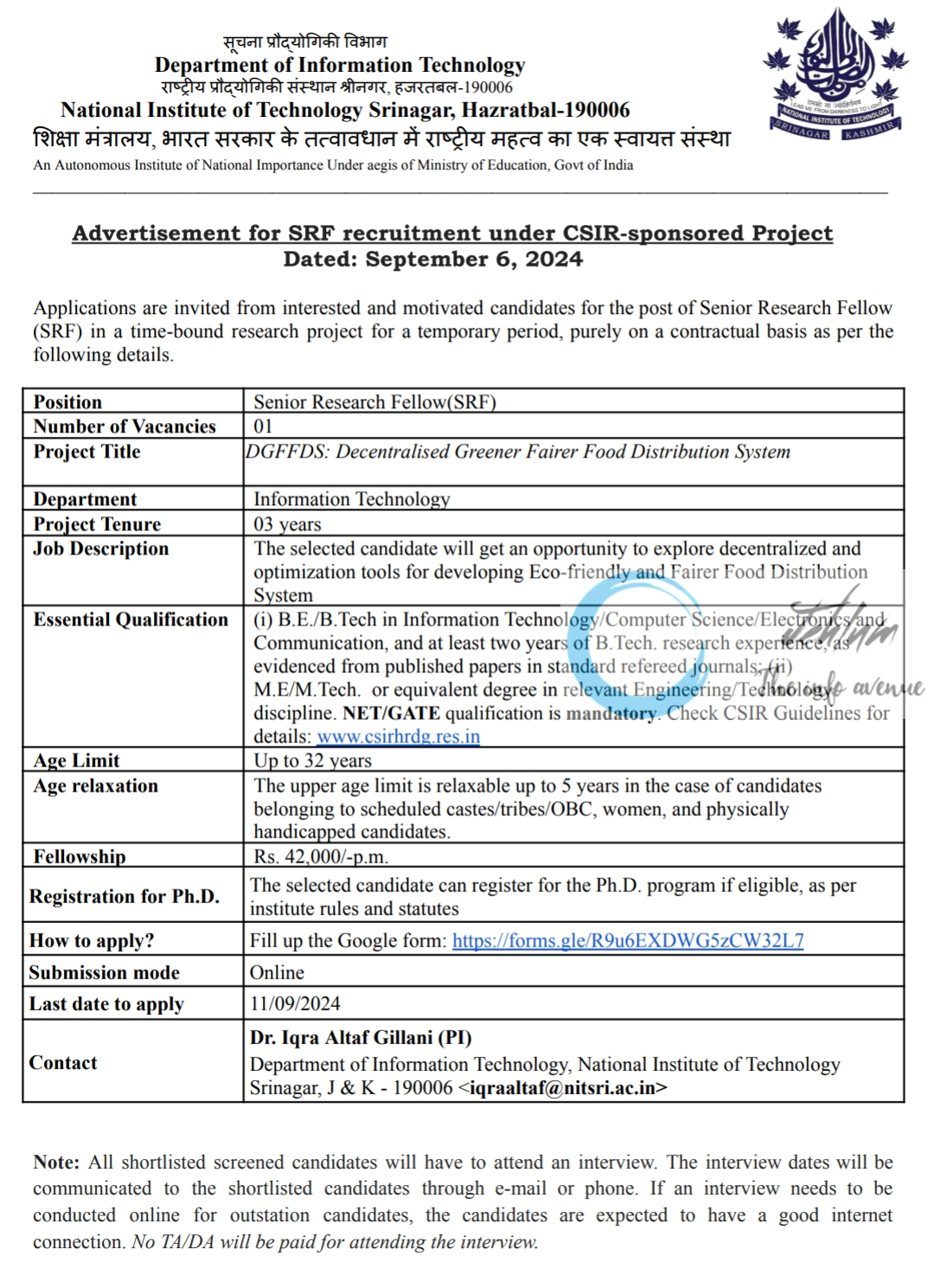 NIT Srinagar Deptt of Information Technology SRF Advt Notice 2024