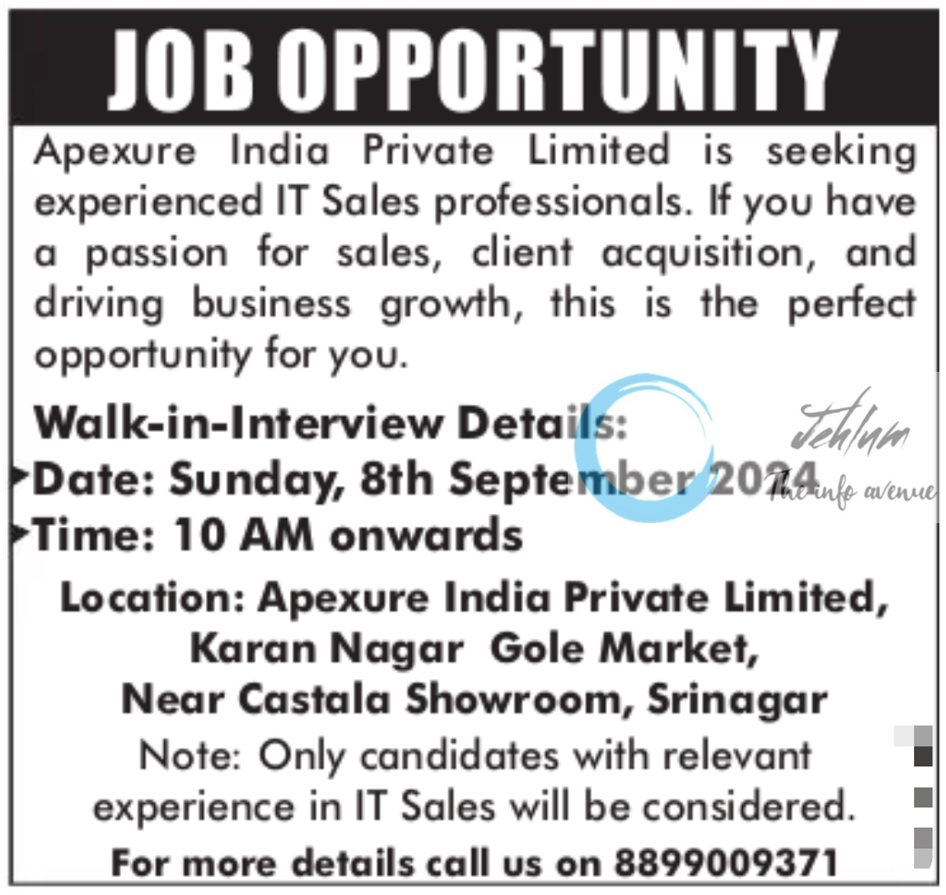 Apexure India Private Limited Srinagar Jobs Opportunity 2024