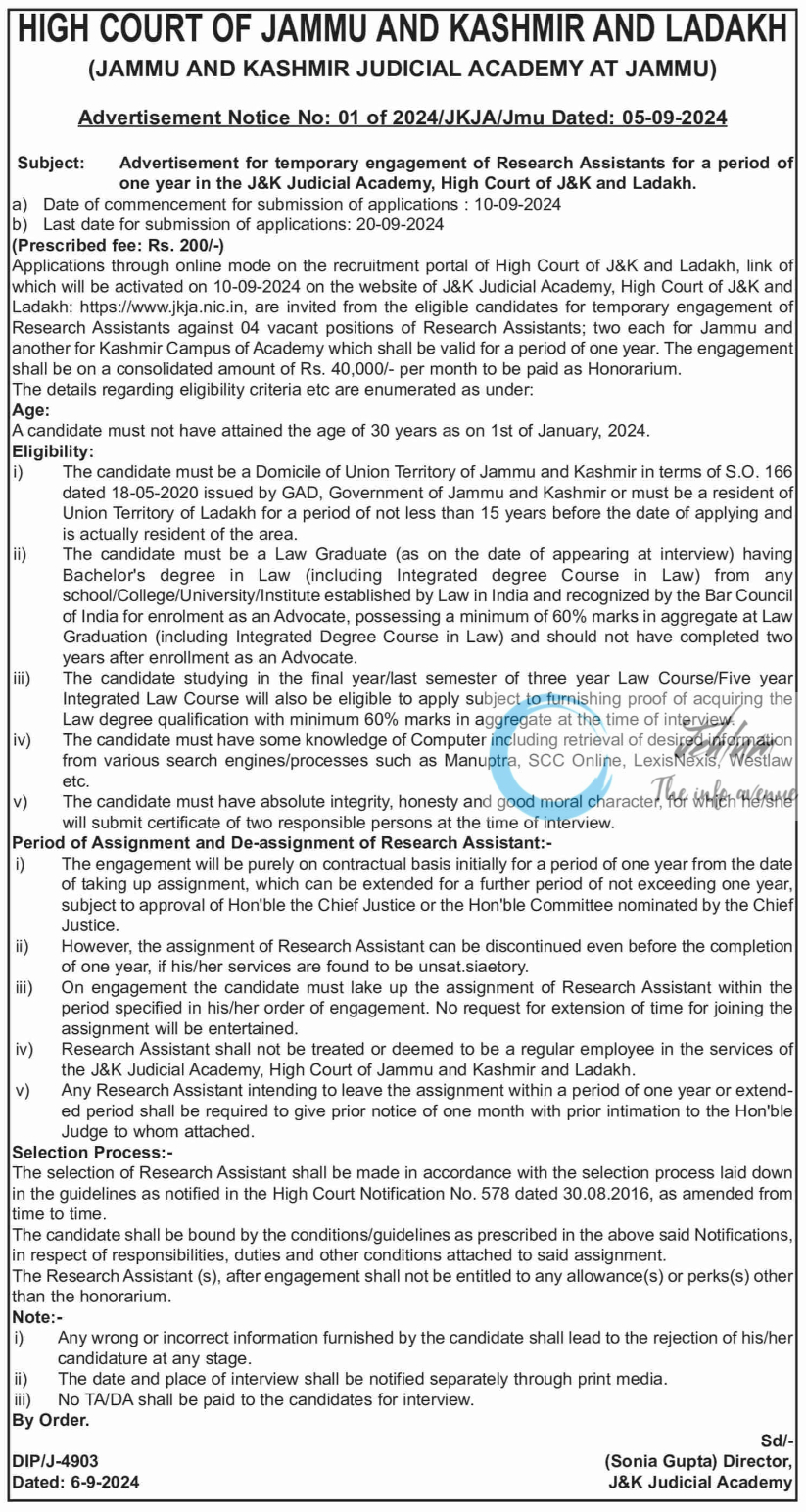 HIGH COURT OF JAMMU AND KASHMIR AND LADAKH ADVERTISEMENT NOTICE NO 01 OF 2024