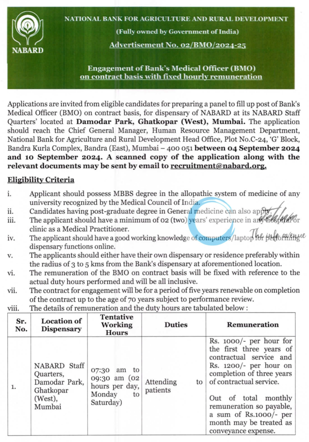 NABARD Banks Medical Officer BMO Recruitment Advertisement No 02/BMO/2024-25