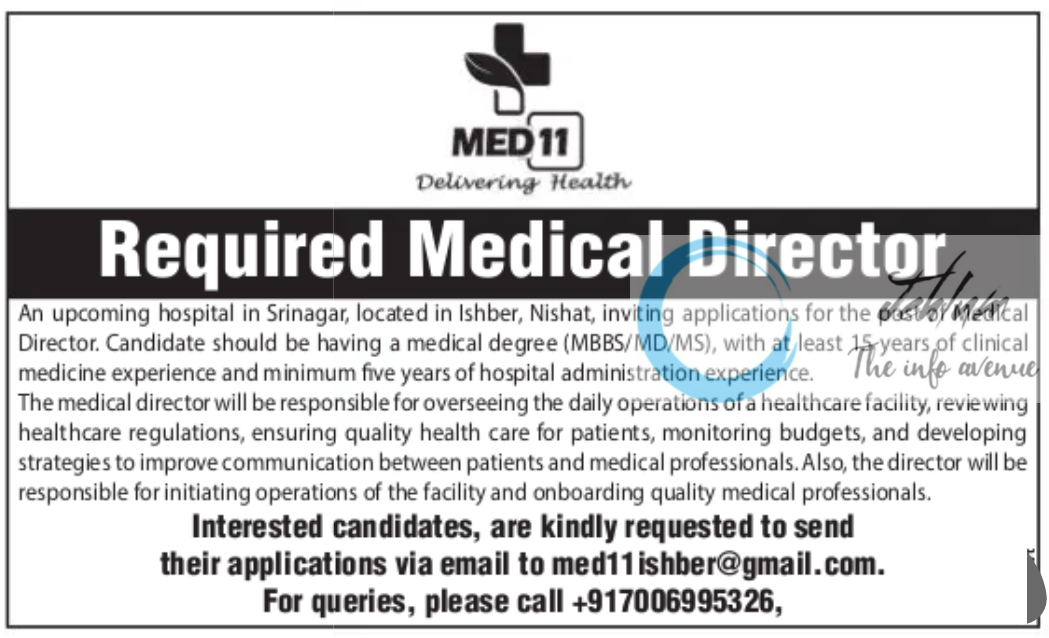 MED 11 Srinagar Medical Director Jobs Vacancy 2024