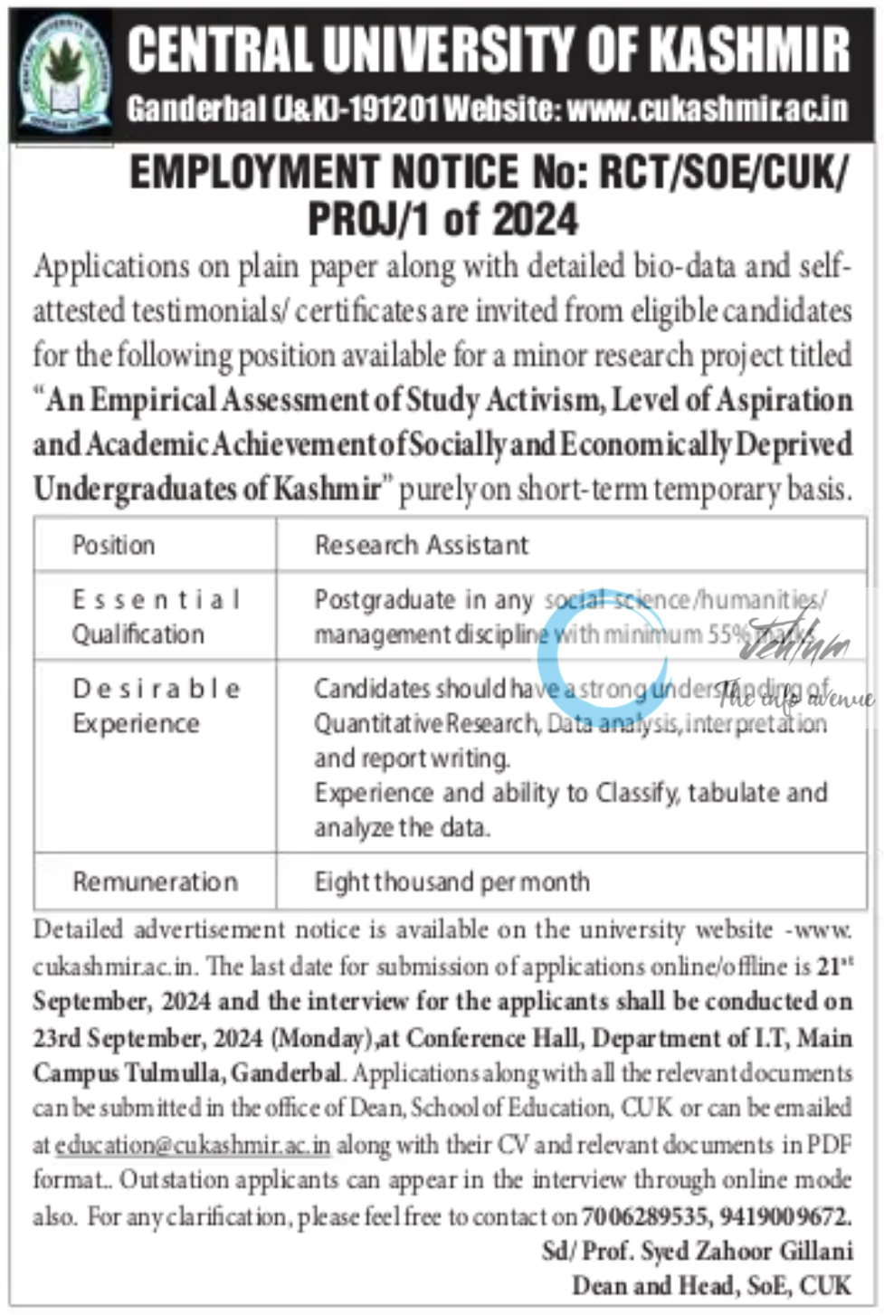 CENTRAL UNIVERSITY OF KASHMIR EMPLOYMENT NOTICE NO RCT/SOE/CUK/ PROJ/1 OF 2024