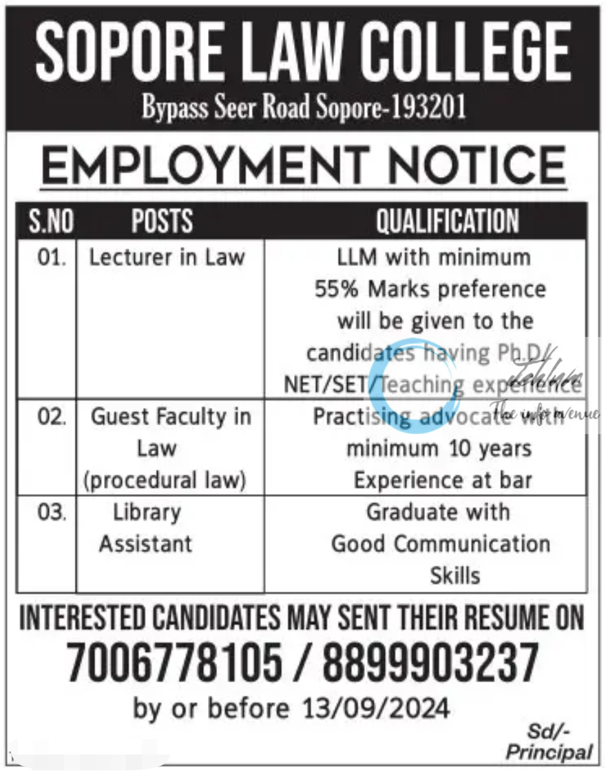 SOPORE LAW COLLEGE EMPLOYMENT NOTICE 2024