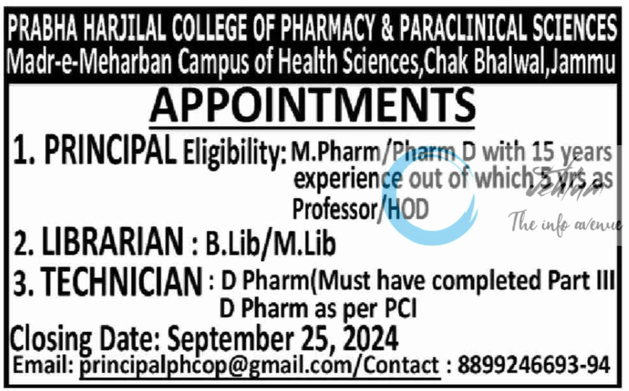 PRABHA HARJILAL COLLEGE OF PHARMACY & PARACLINICAL SCIENCES JAMMU JOBS 2024