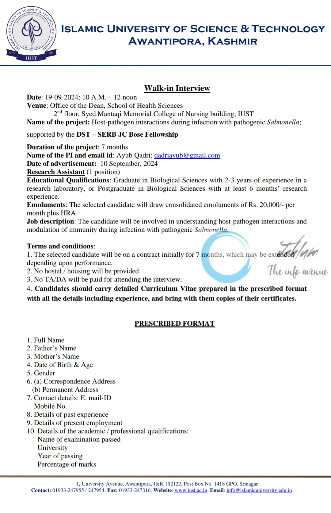 IUST KASHMIR SCHOOL OF HEALTH SCIENCES WALK-IN INTERVIEW 2024