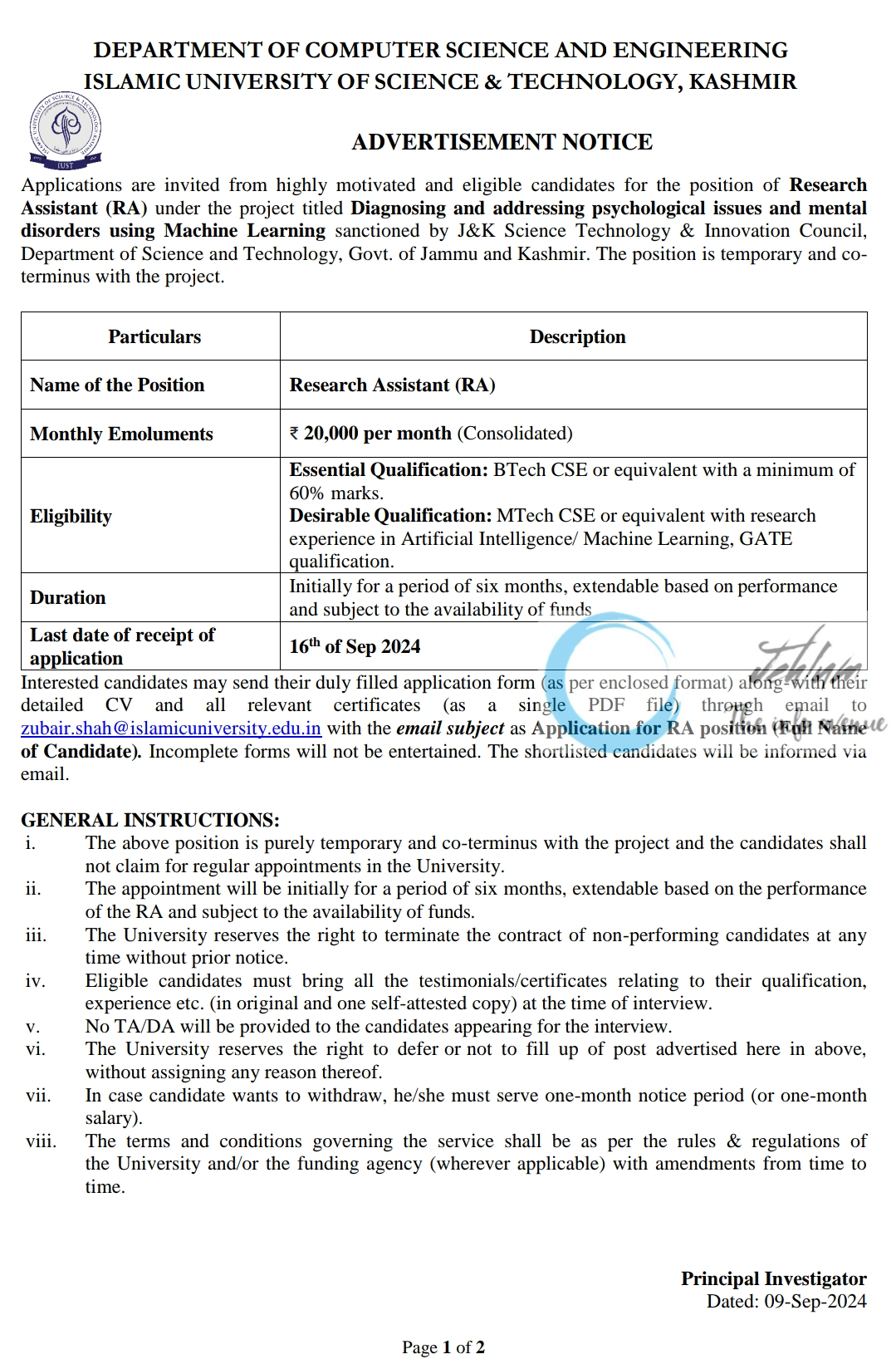 IUST KASHMIR DEPTT OF COMPUTER SCIENCE AND ENGINEERING ADVERTISEMENT NOTICE 2024