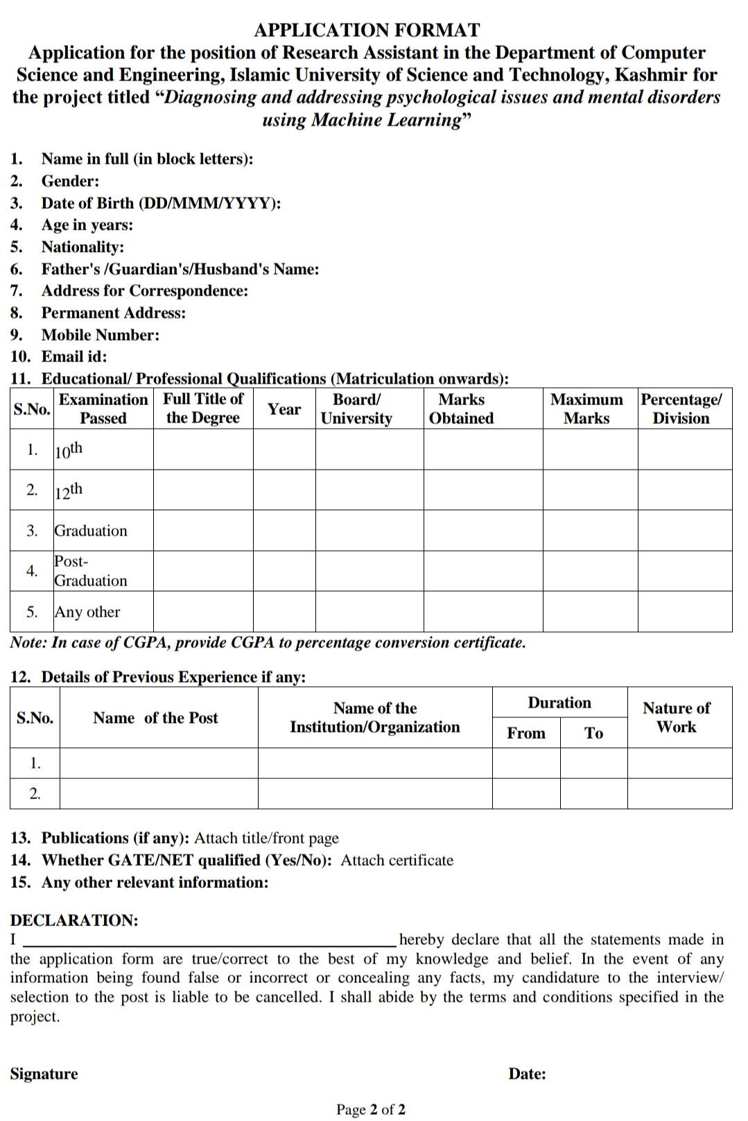 IUST KASHMIR DEPTT OF COMPUTER SCIENCE AND ENGINEERING ADVERTISEMENT NOTICE 2024