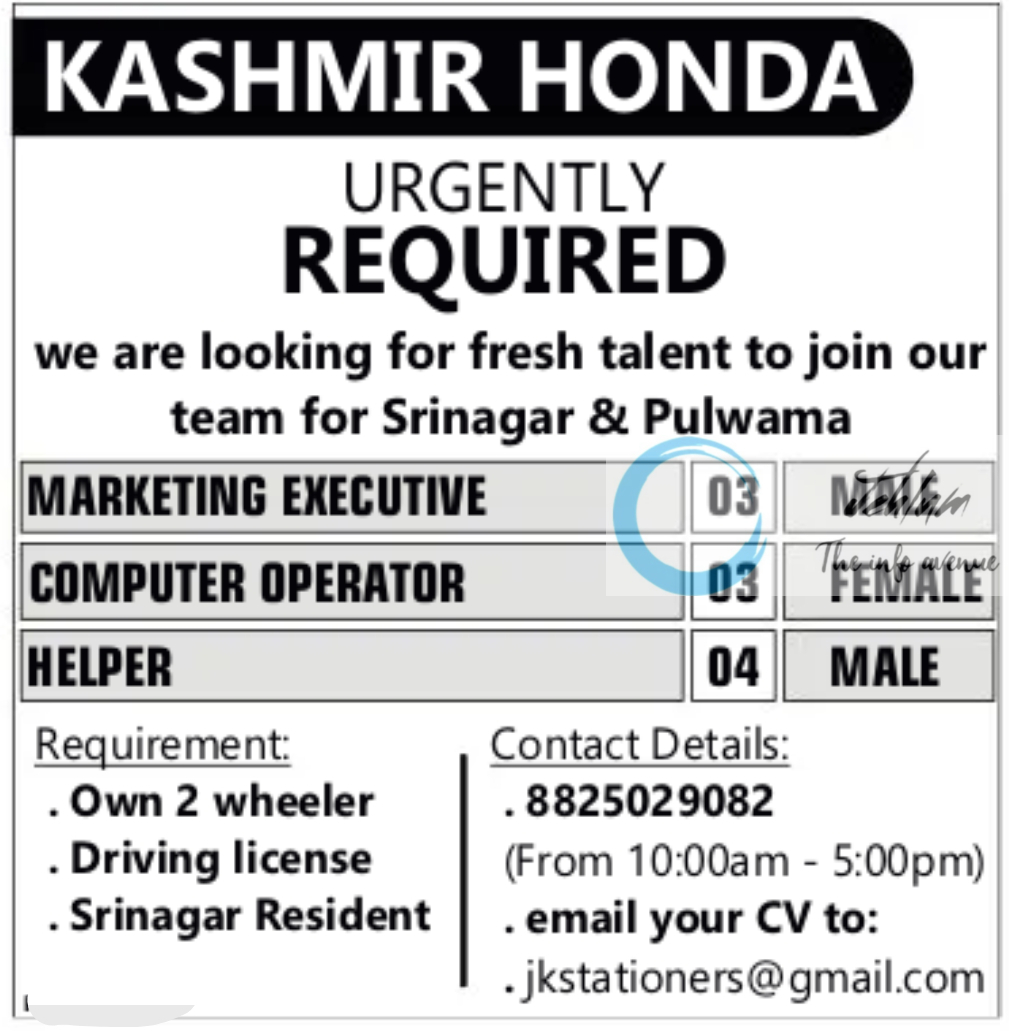 KASHMIR HONDA SRINAGAR JOBS OPENINGS 2024