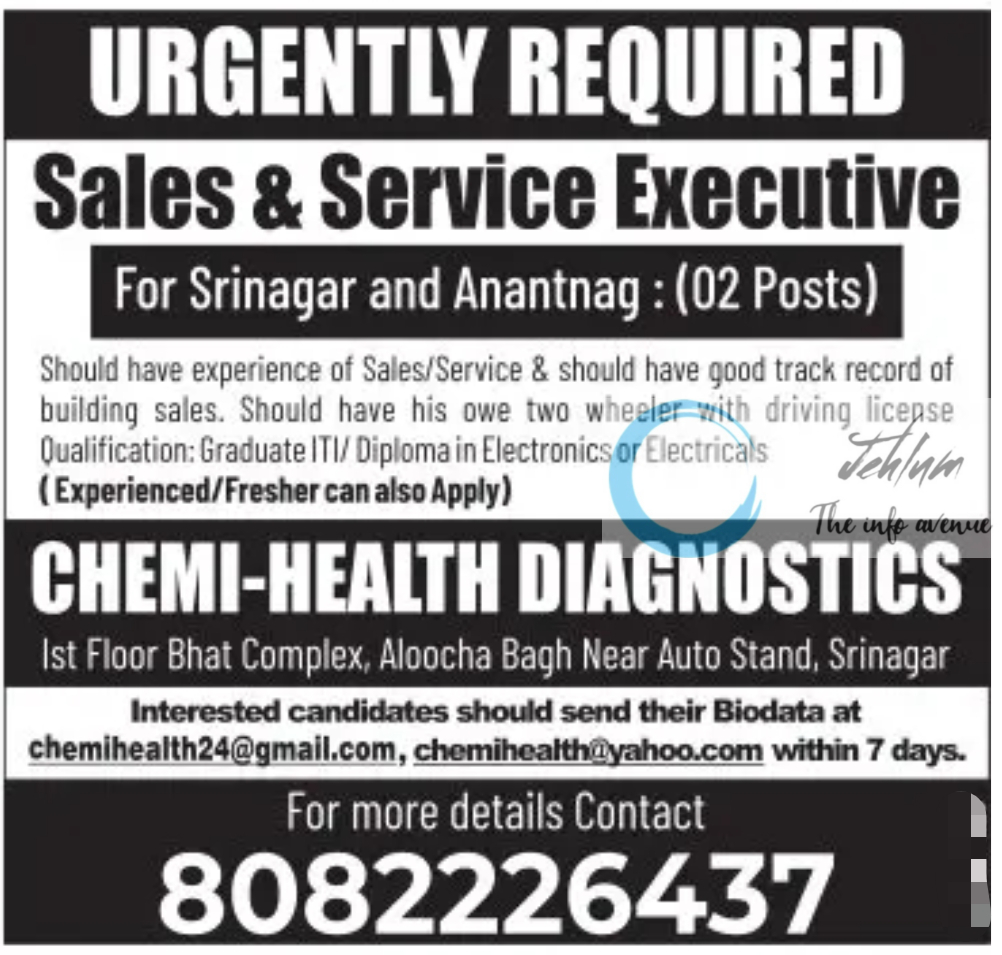 CHEMI-HEALTH DIAGNOSTICS SRINAGAR SALES JOBS 2024