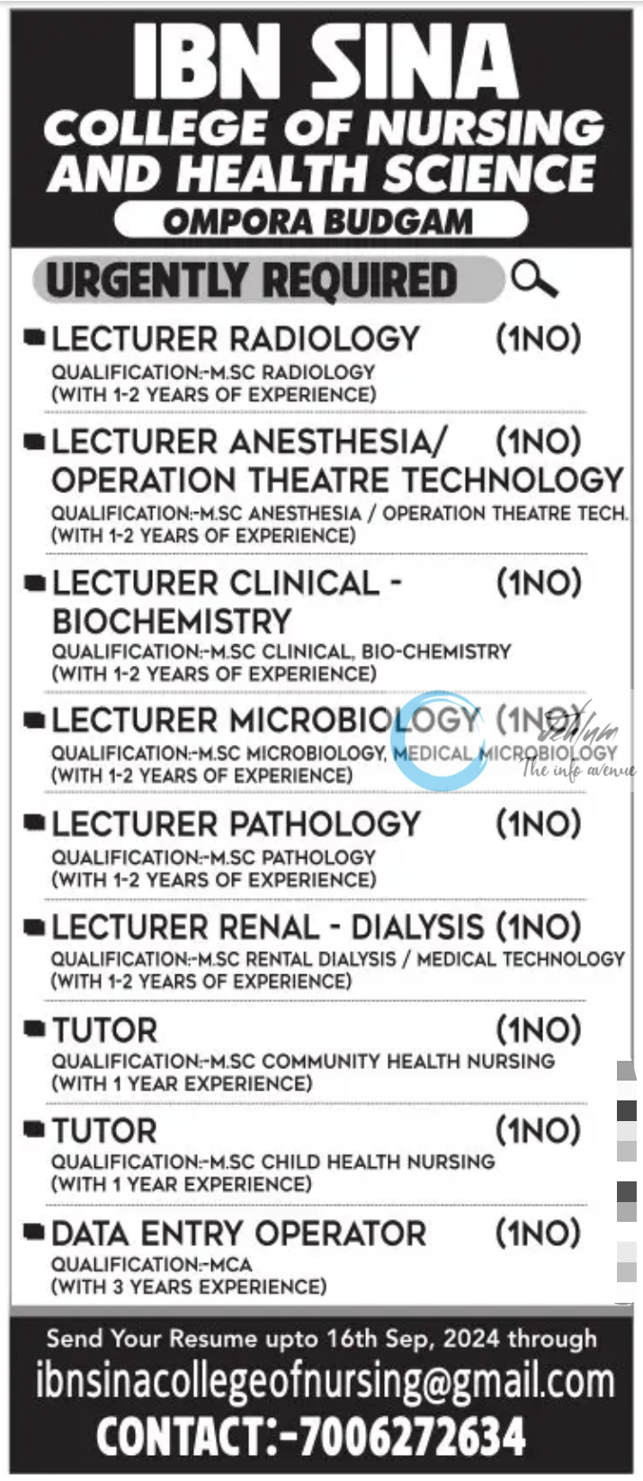 IBN SINA COLLEGE OF NURSING AND HEALTH SCIENCE BUDGAM JOBS 2024