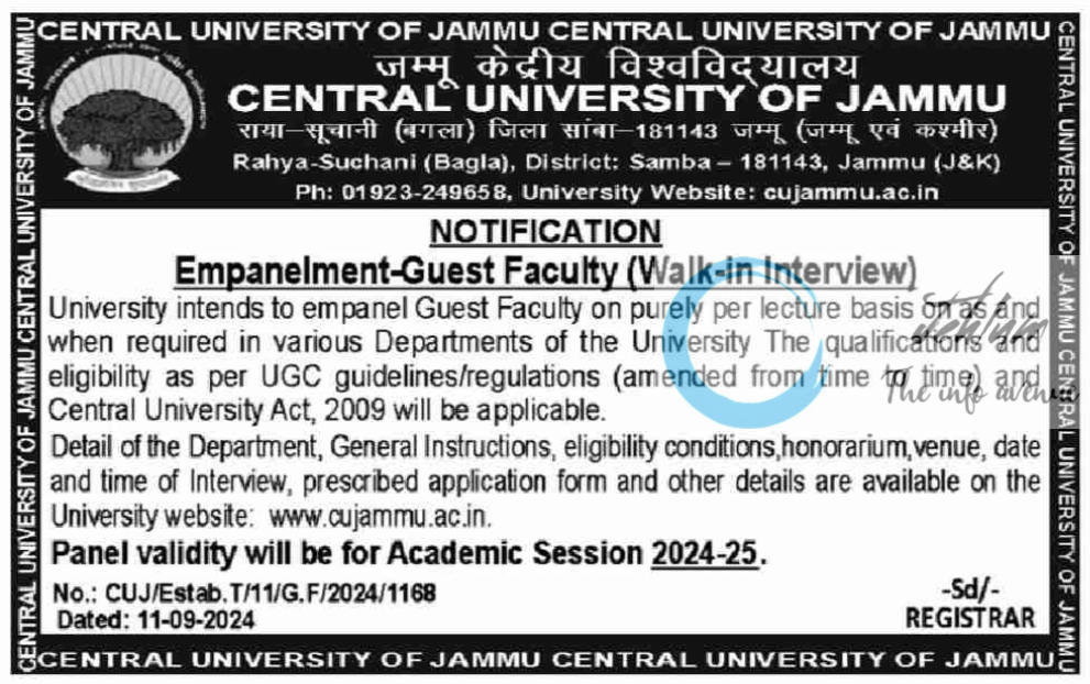 CENTRAL UNIVERSITY OF JAMMU Guest Faculty Advertisement No CUJ/EstabT/11/GF/2024/1168