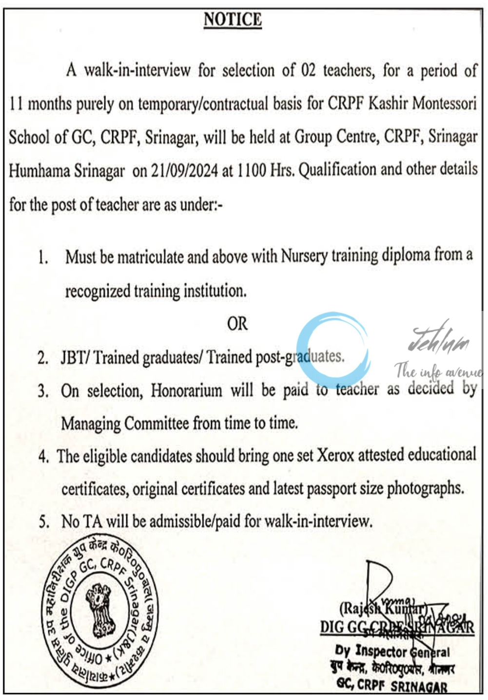 CRPF Kashir Montessori School Srinagar Jobs Advertisement 2024