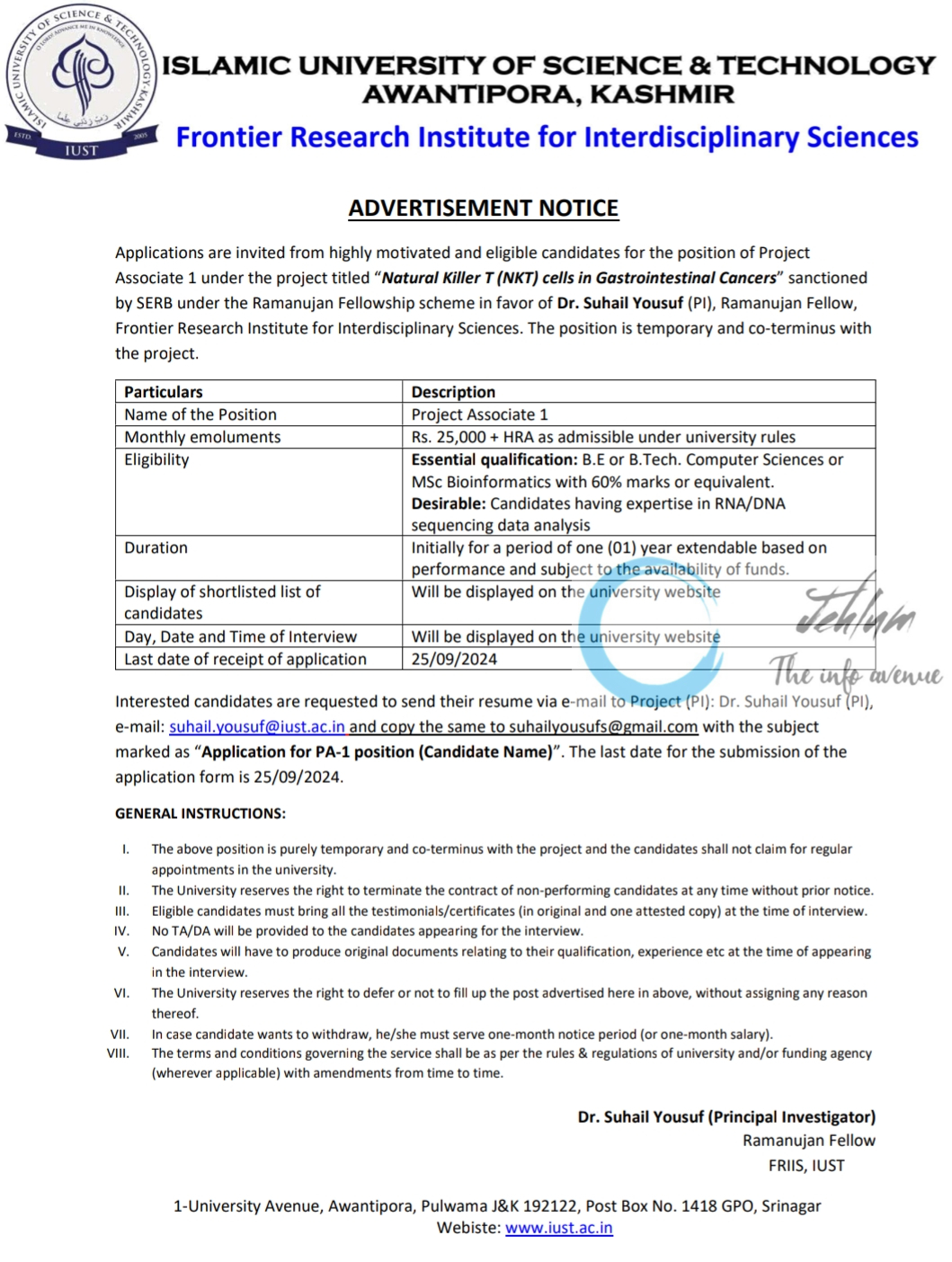 IUST Awantipora Frontier Research Institute for Interdisciplinary Sciences Project Associate Advertisement Notice 2024