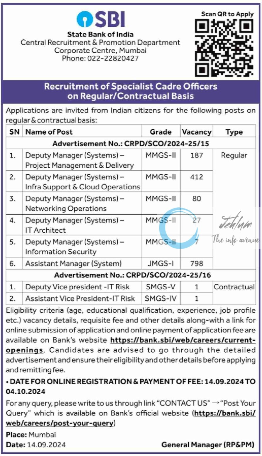 SBI Specialist Cadre Officers Recruitment Advertisement No CRPD/SCO/2024-25/15&16