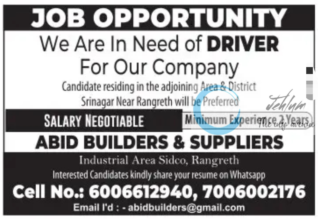 ABID BUILDERS & SUPPLIERS SRINAGAR JOBS 2024