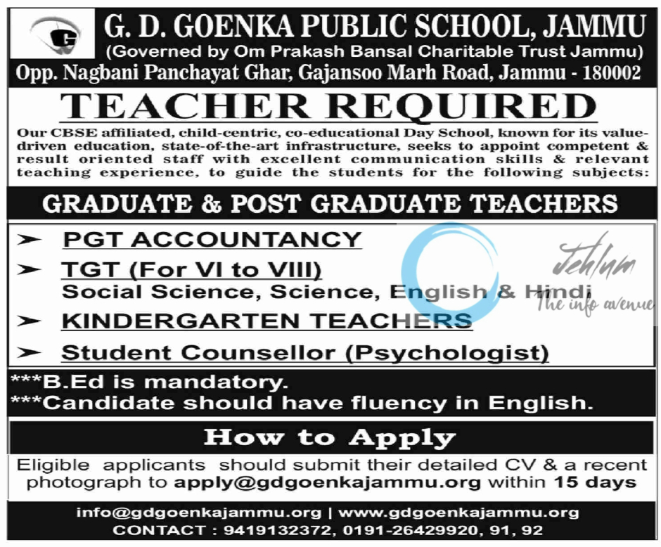 G D GOENKA PUBLIC SCHOOL JAMMU JOBS OPENINGS 2024