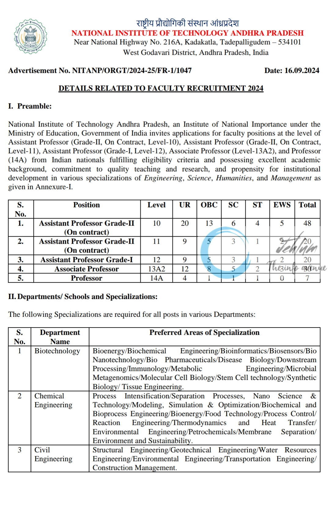 NIT Andhra Pradesh Faculty Recruitment Advertisement No NITANP/ORGT/2024-25/FR-1/1047